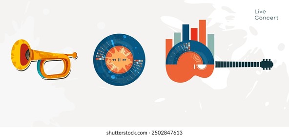 Diseño de Plantilla para la celebración del festival de música. Una animada celebración de fiesta con muestras de instrumentos musicales de guitarra, tambor, micrófono, trompeta y piano. concepto de diseño de festival de música