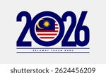 Template design for New Year 2026 celebration with Malaysian flag on white background. Translation : Happy New Year. Suitable for greeting card, poster or banner.