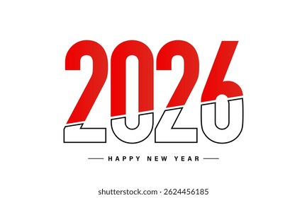 Diseño de Plantilla para la celebración del Nuevo año 2026 con color rojo sobre fondo blanco. Conveniente para la tarjeta de felicitación, el cartel o el Anuncio.