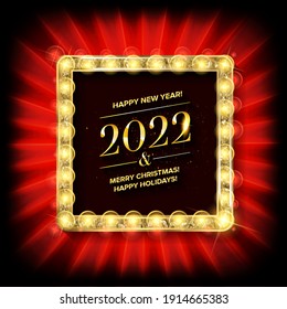 Template for the design of the New Year night banner for promotion. Merry Christmas banner for sale with decor of red ribbon and gold luminous garland. Vector illustration