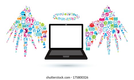 Template design Notebook Angel Wings social network idea with icons background