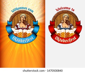Template design for Oktoberfest poster or flyer with copy space. Girl holding mugs on beer background with radiant light. Waitress in bavarian dress. Red banner ribbon. Vector illustration 