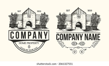 Template Design Old Style Building Facade Old House Logo, City Building, Vintage Style Illustration For Company 