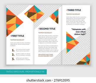 Template design of orange, brown, yellow and green trifold brochure with polygons. Editable and light vector with places for photos. Proportionally A4