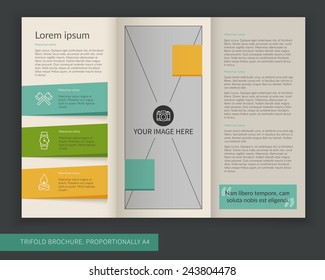 Template design of orange, green and blue modern creative trifold brochure. Editable and light vector with places for photos. Proportionally A4