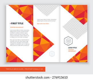 Template design of orange and red trifold brochure with polygons. Editable and light vector with places for photos. Proportionally A4