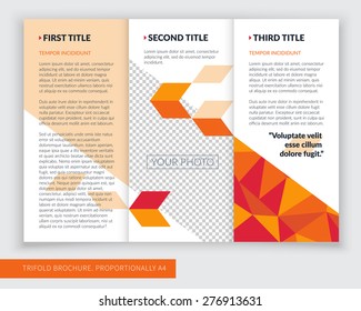 Template design of orange and red trifold brochure with polygons. Editable and light vector with places for photos. Proportionally A4