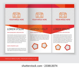 Template design of orange trifold brochure with polygons. Editable and light vector with places for photos. Proportionally A4