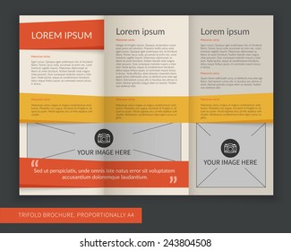 Template design of orange and yellow modern creative trifold brochure. Editable and light vector with places for photos. Proportionally A4