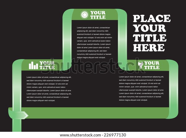Template design for page layout with\
green ribbon framing white text on black\
background.