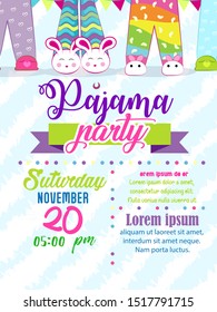 Template design pajama party invitation card, cartoon pajama, leg, hand writing Pajama Party