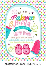 Template design pajama party invitation card, cartoon pajama, leg, hand writing Pajama Party