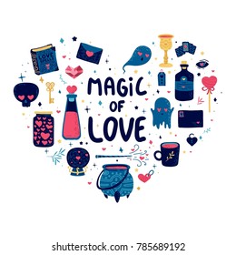 Template design pattern with cute magic elements. Heart shape print for happy valentine's  day. Poster with wizard goods for love spell. Illustration for fabric or t-shirt. Vector