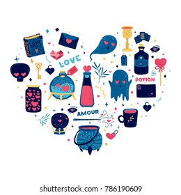 Template design pattern with cute magic elements. Heart shape print for happy valentine's  day. Wizard goods for love spell. Illustration for fabric or t-shirt. Vector