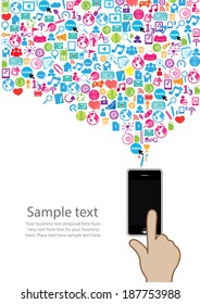 Template design Phone idea with social network icons background 