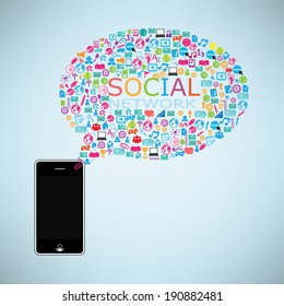 Template design Phone idea with social network icons background 