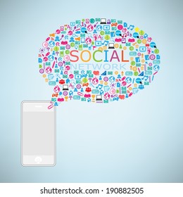 Template design Phone idea with social network icons background 