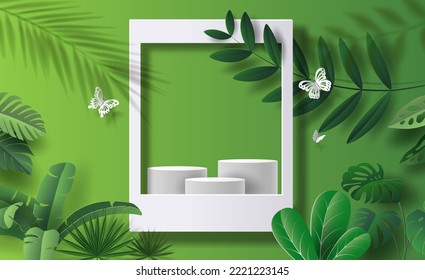 Diseño de plantilla, plataforma de podio con formas geométricas y fondo natural, ilustración de papel y papel 3d.