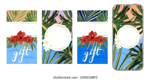 Template design. Post for social media. Stories design layout. Trendy editable tropical template.