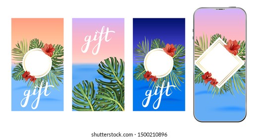 Template design. Post for social media. Stories design layout. Trendy editable tropical template.