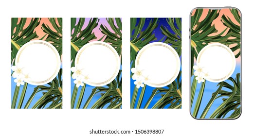 Template design. Post for social media. Stories design layout. Trendy editable tropical template.