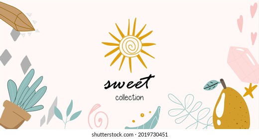 plantilla para postcard de diseño, tarjeta de visita, afiche, afiche, etiqueta. sol, plantas, frutas, cristales