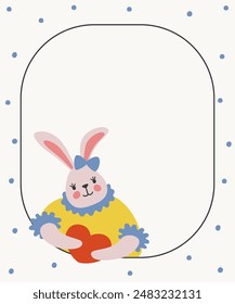 Template for design of postcard, invitation, flyer. Composition with a hare holding a heart in its paws. Vector illustration with a rabbit in a cute dress. Background in a polka dot pattern.