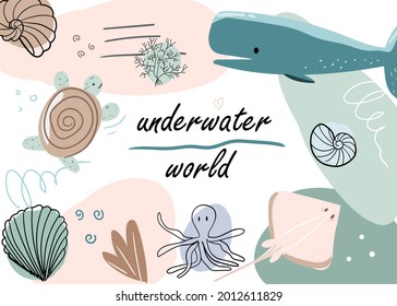 template for design postcard, poster, business card, poster sea shells, whale, stingray, octopus turtle. cute animals