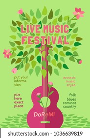 Template Design Poster with acoustic guitar silhouette spring green leaves. Design idea Live Music Festival show promotion advertisement. Seasonal event background vector vintage illustration A4 size