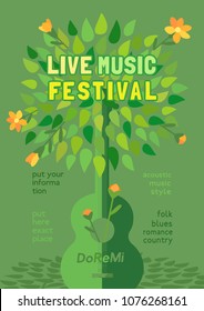 Template Design Poster with acoustic guitar silhouette summer green leaves. Design idea Live Music Festival show promotion advertisement. Seasonal event background vector vintage illustration A4 size