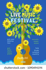 Template Design Poster with acoustic guitar silhouette summer flowers. Design idea for Live Music Festival show promotion advertisement. Seasonal event background vector vintage illustration A4 size