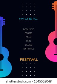 Template Design Poster with acoustic guitar silhouette. Hand drawn string musical instrument. Live Music Festival show promotion advertisement. Seasonal event background vector vintage illustration