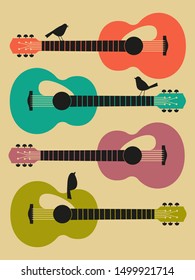 Template Design Poster with acoustic guitar silhouette. Hand drawn string musical instrument. Live Music Festival show promotion advertisement. Seasonal event background vector vintage illustration