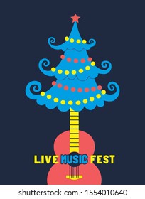 Template Design Poster with acoustic guitar silhouette, Christmas tree. Design idea Live Music Holiday Festival show announce advertisement. Season event background vector vintage illustration A4 size