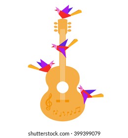 Template Design Poster with acoustic guitar, clef, notes, birds. Idea for Live Music Festival background, spring show. Musical Festivals promotion,  club concert advertisement. Vector illustration.