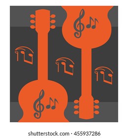 Template Design Poster with acoustic guitar silhouettes. Idea for Live Music Festival, show, entertainment background. Musical concert promotion,  advertisement poster, banner. Vector illustration.