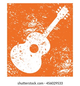 Template Design Poster with acoustic guitar silhouette. Idea for Live Music Festival, show event. Musical entertainment promotion,  advertisement element. Scratched background. Vector illustration.