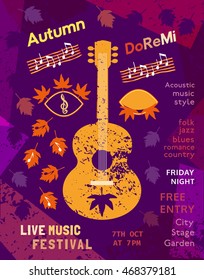 Template Design Poster with acoustic guitar silhouette autumn leaves. Design idea for Live Music Festival show promotion advertisement. Vintage style. Easy to edit and change text. Vector illustration