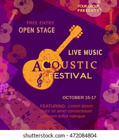 Template Design Poster with acoustic guitar silhouette. Live Music Festival concept. Idea for musical concert promotion banner. Vintage style. Bright color scratched background.  Vector illustration.