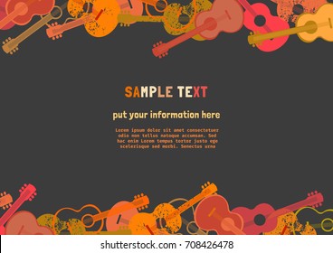 Template Design Poster with acoustic guitar silhouette frame. Idea for Music Festival, show promotion,  advertisement. Colorful  border. Seasonal event background vector vintage illustration A 4 size
