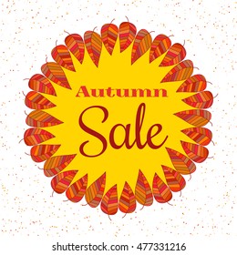 Template Design poster Autumn Sale. Autumnal round frame. Fall leaf wreath. Colorful leaves background border. Design idea for seasonal discount promotion banner elements. Vector illustration
