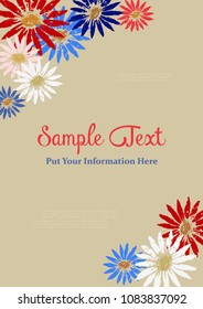 Template Design poster. Blank place for text. Hand drawn colorful flowers silhouette. Idea for decorative banner, wedding party invitation card, holday sale. A4 size flyer. Vector vintage illustration