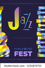 Template Design Poster with classic guitar piano silhouette. Design idea Live Jazz Music Festival show promotion advertisement. Seasonal musical event background vector vintage illustration A4 size