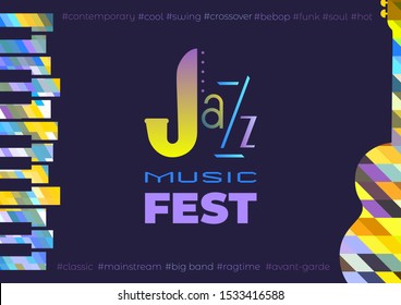 Template Design Poster with classic guitar piano silhouette. Design idea Live Jazz Music Festival show promotion advertisement. Seasonal musical event background vector vintage illustration A4 size