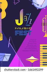 Template Design Poster with classic guitar piano silhouette. Design idea Live Jazz Music Festival show promotion advertisement. Seasonal musical event background vector vintage illustration A4 size