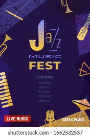 Template Design Poster with classic guitar piano silhouette. Design idea Live Jazz Music Festival show promotion advertisement. Seasonal musical event background vector vintage illustration A4 size