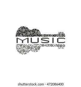 Template Design Poster with doodle acoustic guitar silhouette. Vintage music icon. Black white musical instrument logo in Swiss international style. Modern Memphis pattern. Vector illustration