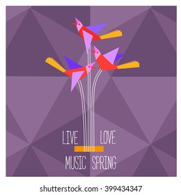 Template Design Poster with guitar strings, birds. Love, live, spring, music. Idea for Live Music Festival background, club music show. Musical concert promotion,  advertisement. Vector illustration.