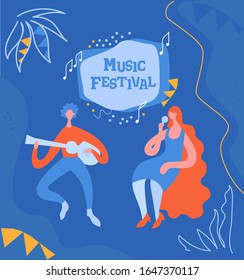 Template Design Poster with man acoustic guitar and singer girl. Design idea Live Music Festival show promotion advertisement. card for holiday, festival, party and event, drawings of musicians