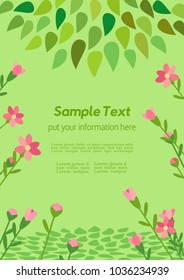 Template Design poster. Spring celebration. Fresh greenery color. Green tree leaf, pink flowers. Colorful leaves cartoon background. Seasonal event decorative vector vintage illustration A4 flyer size